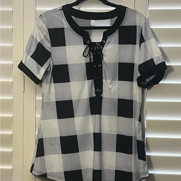 Silky Black, White, and Silver Blouse With Tied Neckline! - Picture 2 of 2